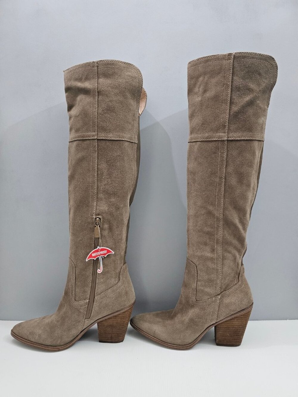 Blondo Windie Waterproof Over The Knee Boots Womens 9 Taupe Suede Block Heel - Picture 3 of 15
